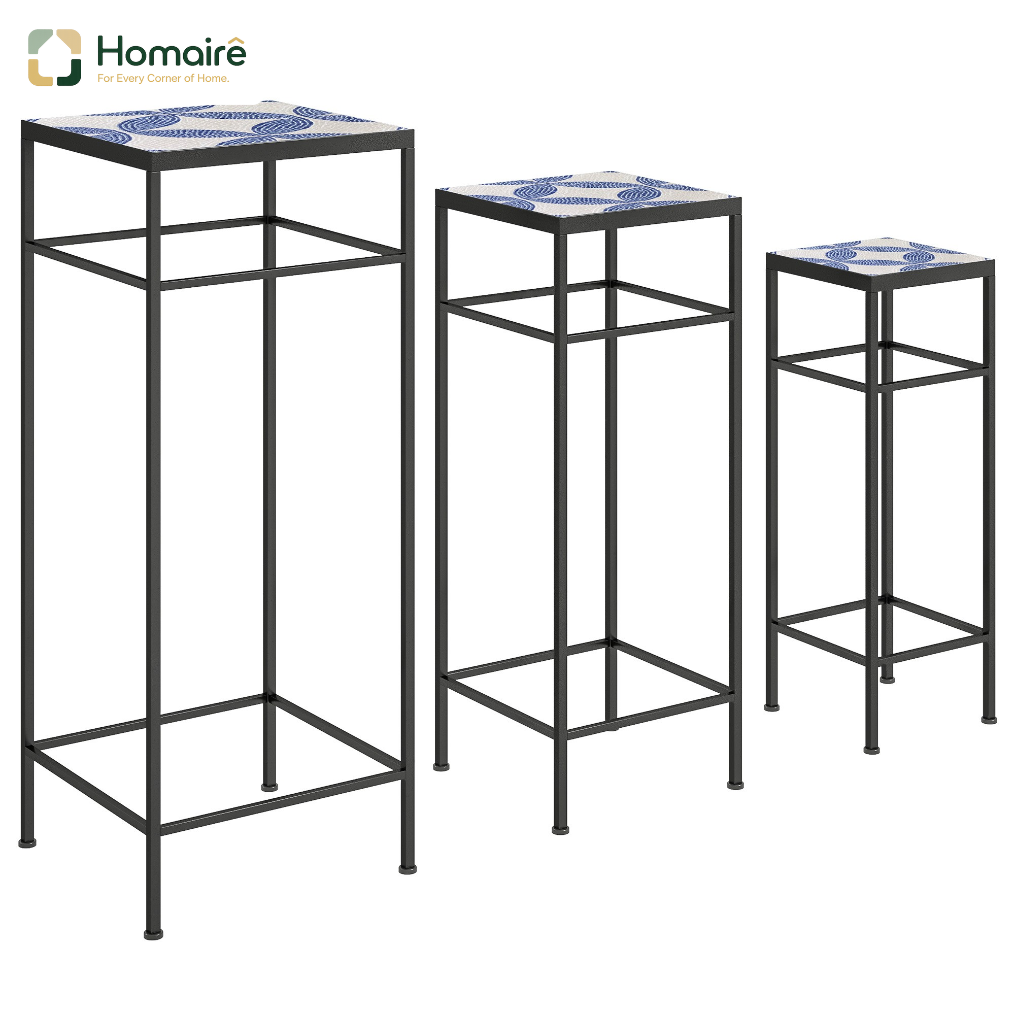 Homaire Set De 3 Plant Stands Métalliques Hauts 71 Cm Pour Intérieur Jardin Balcon Bleu+blanc