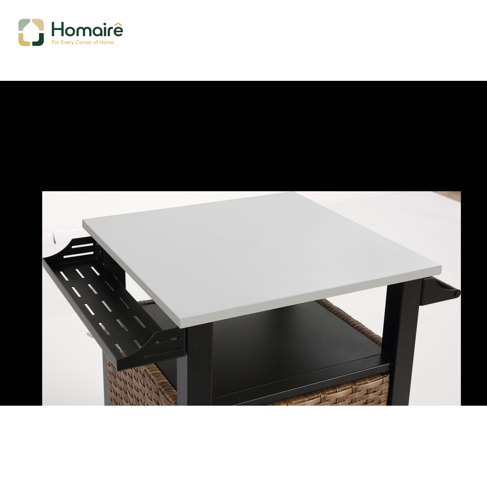Homaire Chariot De Bar À Une Porte En Rotin Avec Roues, Tabletop En Acier Inoxydable Extensible Et Poignée Latérale, Brun, Pour Cuisine Extérieure Ou Patio