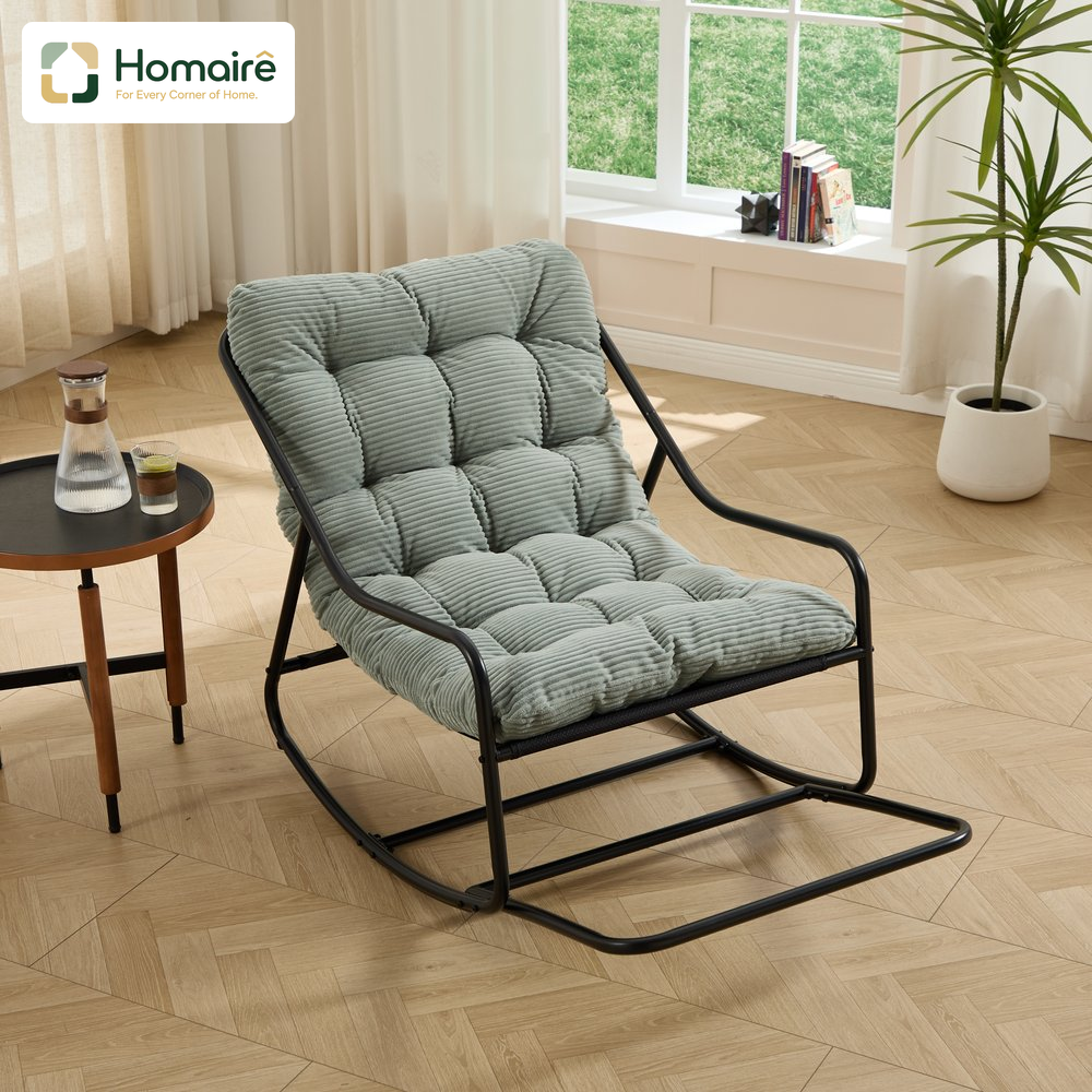 Homaire Chaise Berçante Extérieure Avec Coussin Doux Épais, Cadre Noir Et Coussin Vert Clair, Pour Salon, Chambre, Salle De Lecture