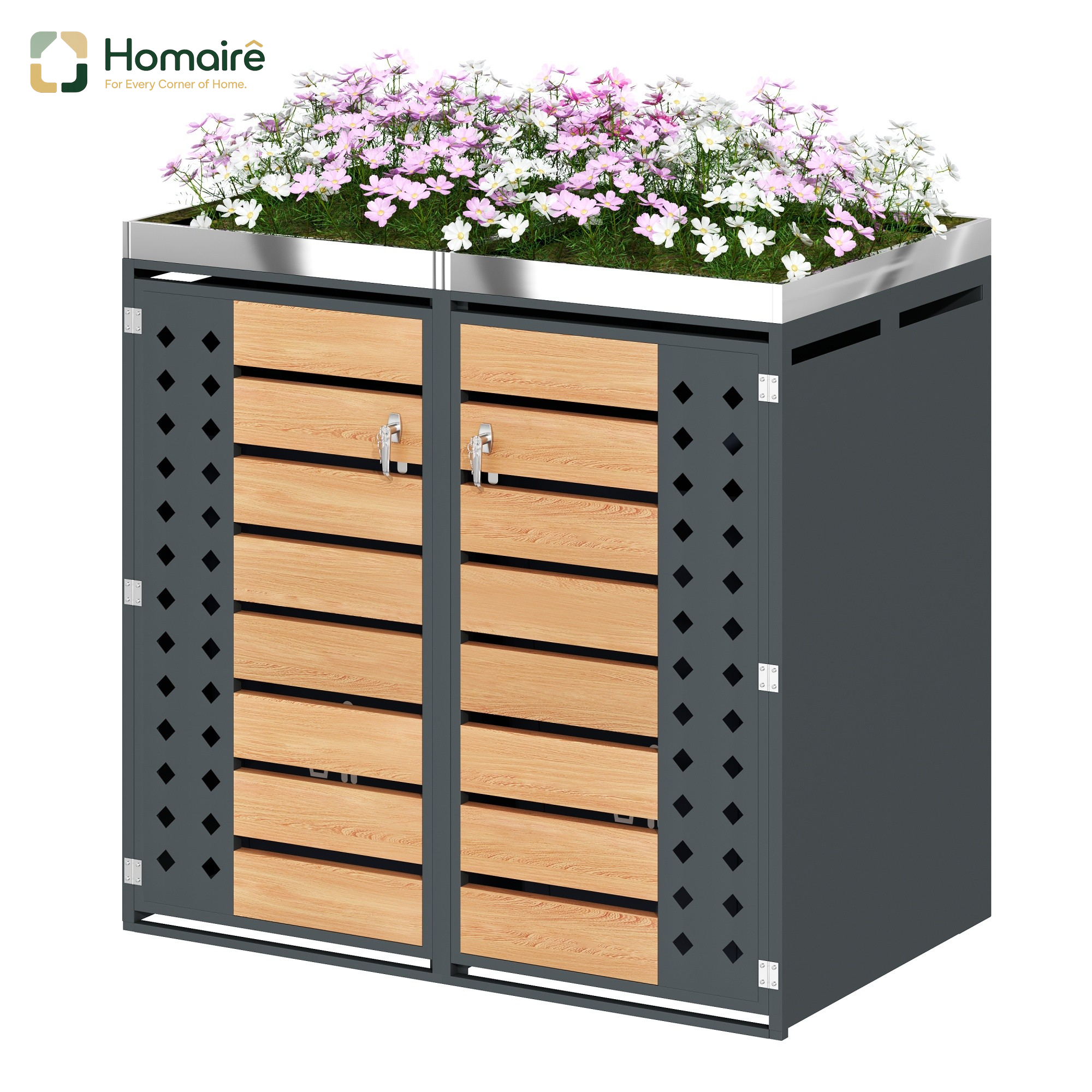 Homaire Boîte À Poubelles Horizontale Avec Panneaux En Bois, Compartiments De Rangement, Verrouillable, Deux Portes, Surface De Plantation Et Panneau De Porte Creux En Forme De Diamant