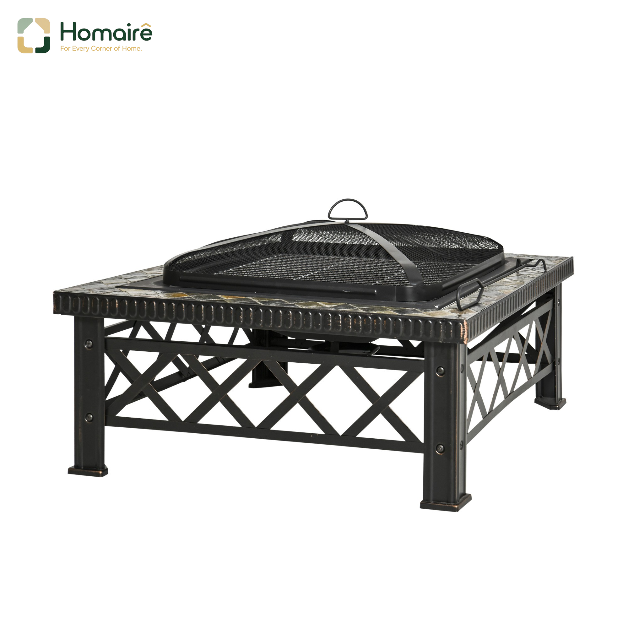 Homaire Feuerschale 3 En 1 Avec Protection Anti-étincelles, Grille De Barbecue Et Bac À Glace Pour Jardin, Noir