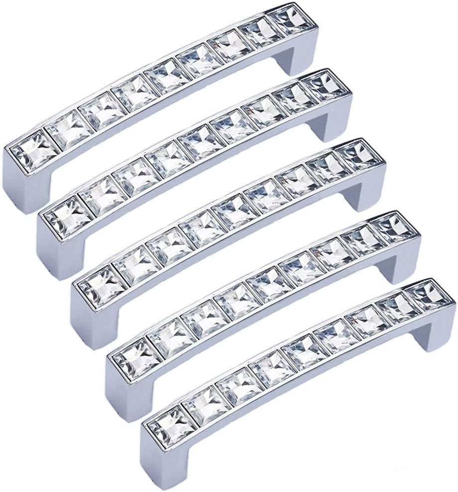 Set Mit 5 Dekorativen Kristallgriffen, 96 Mm Lochabstand, Schubladengriffe Aus Glasstrass, Geeignet Für Schminktische, Schränke, Kleiderschränke Und Möbel.