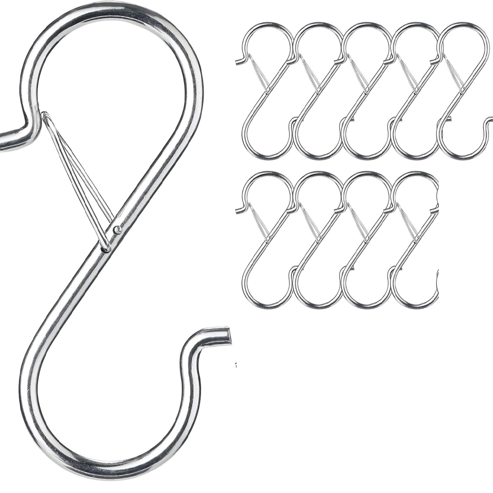 (argent) 10 Crochets En S Avec Système Anti-chute. Longueur : 9,5 Cm. Pour Tringles Jusqu'à 3,5 Cm De Diamètre. Facilite L'Organisation De La Maison.