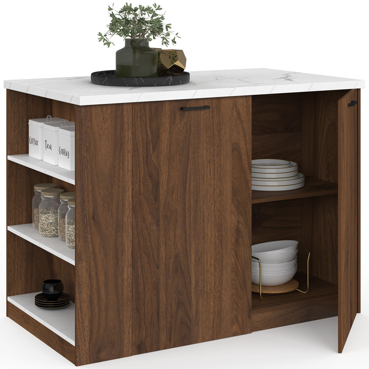 Zentralinsel Tibo 120 Cm Dunkles Holz In Nussbaumoptik Mit Arbeitsplatte In Marmoroptik Alaska