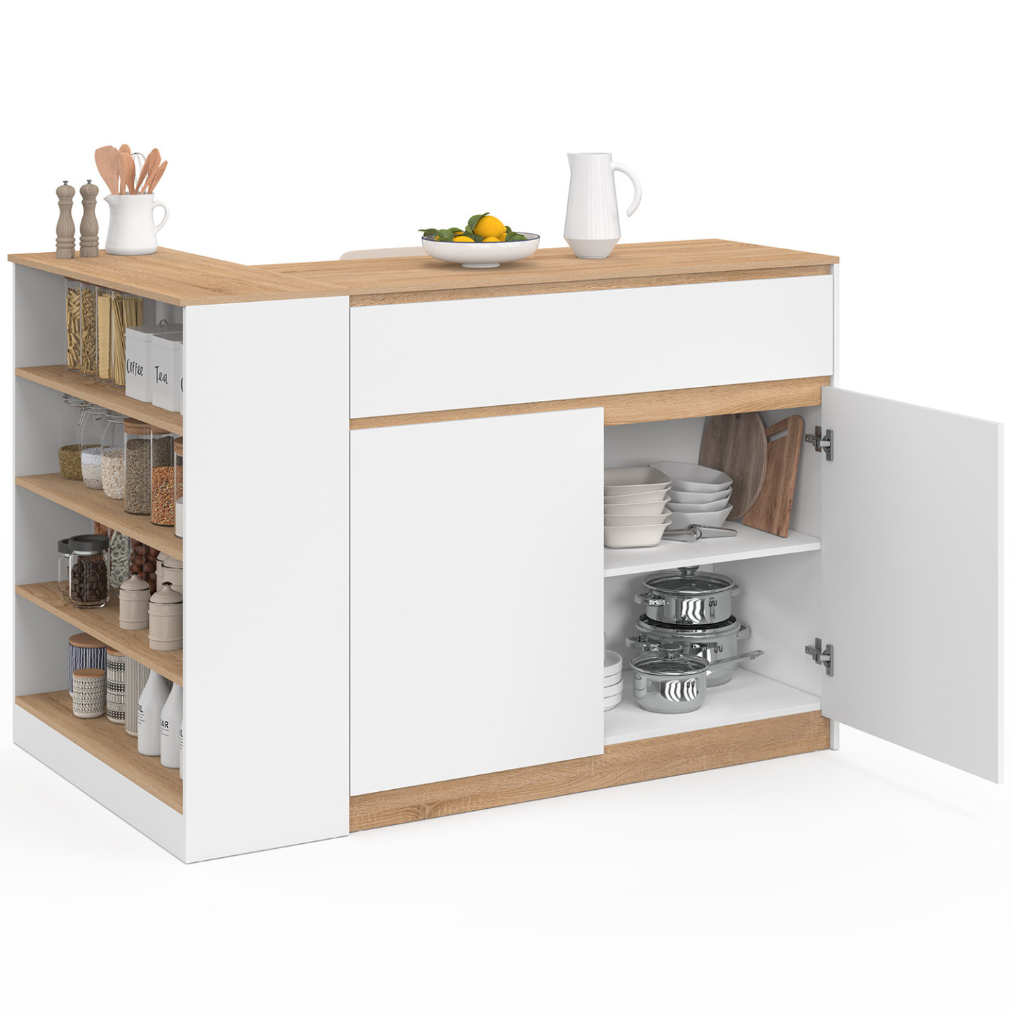 Mittelinsel Tomi 130 Cm 2 Personen Doppelplatte Aus Weißem Holz Mit Arbeitsplatte In Buchenoptik