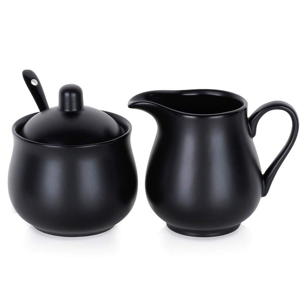 Zuckerdose Und Sahnekännchen, Schwarzes Porzellan, 3-teilig.