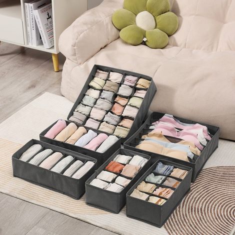 Faltbarer Schubladenorganizer, 6er-set Aufbewahrungsboxen Aus Vliesstoff Für Unterwäsche, Bhs Und Socken, Dunkelgrau
