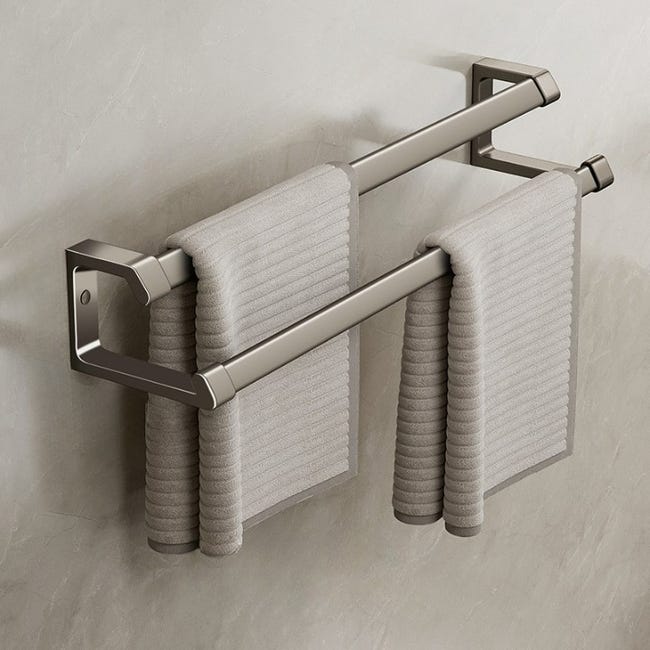 Grauer, Wandmontierter Handtuchhalter, 50 Cm, Doppelstangenmodell, Bohrfreie Montage, Aus Aluminiumlegierung.