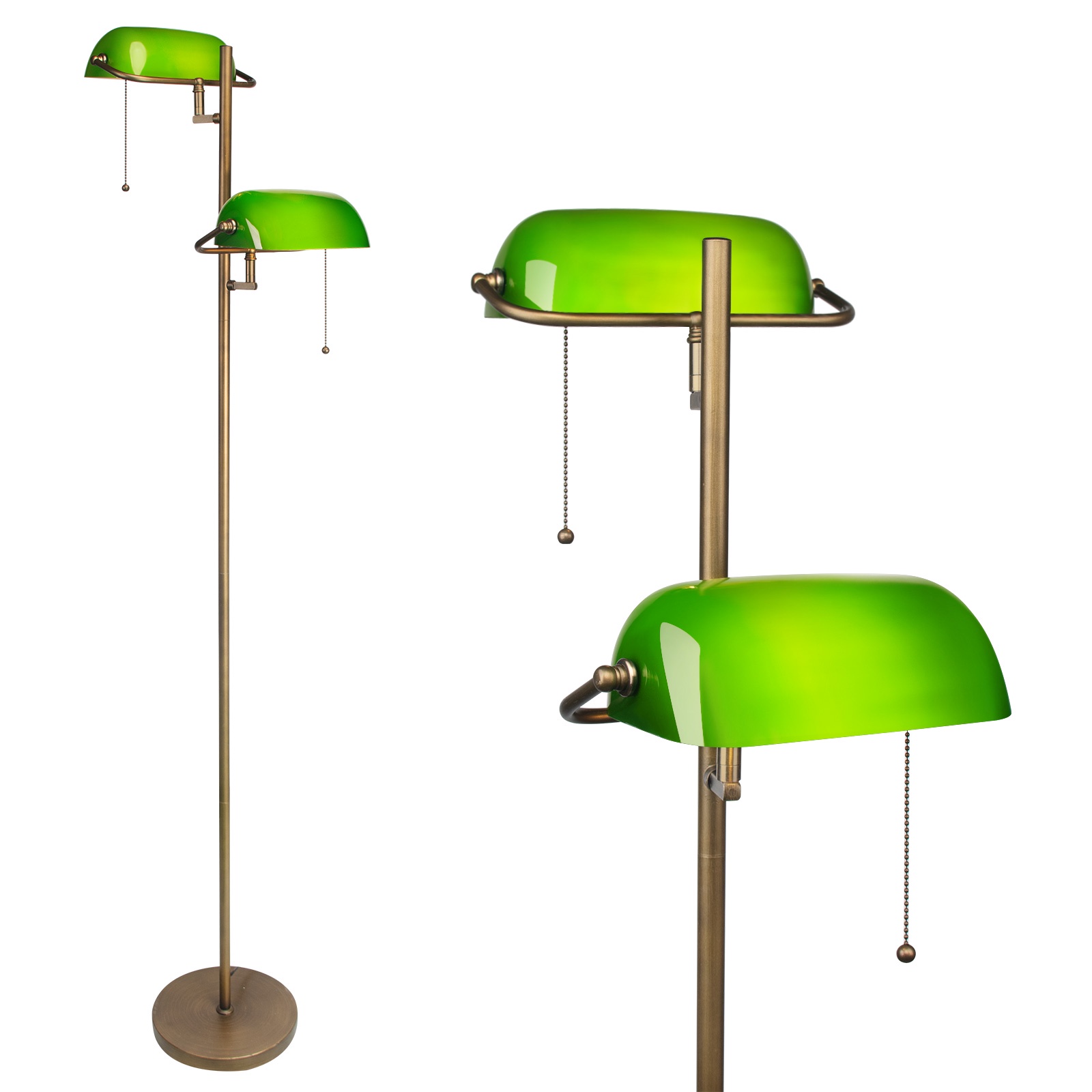 Jcpyiul Schmale Vintage Stehlampe Gold Mit Grünem Glasschirm Zugkettenschalter