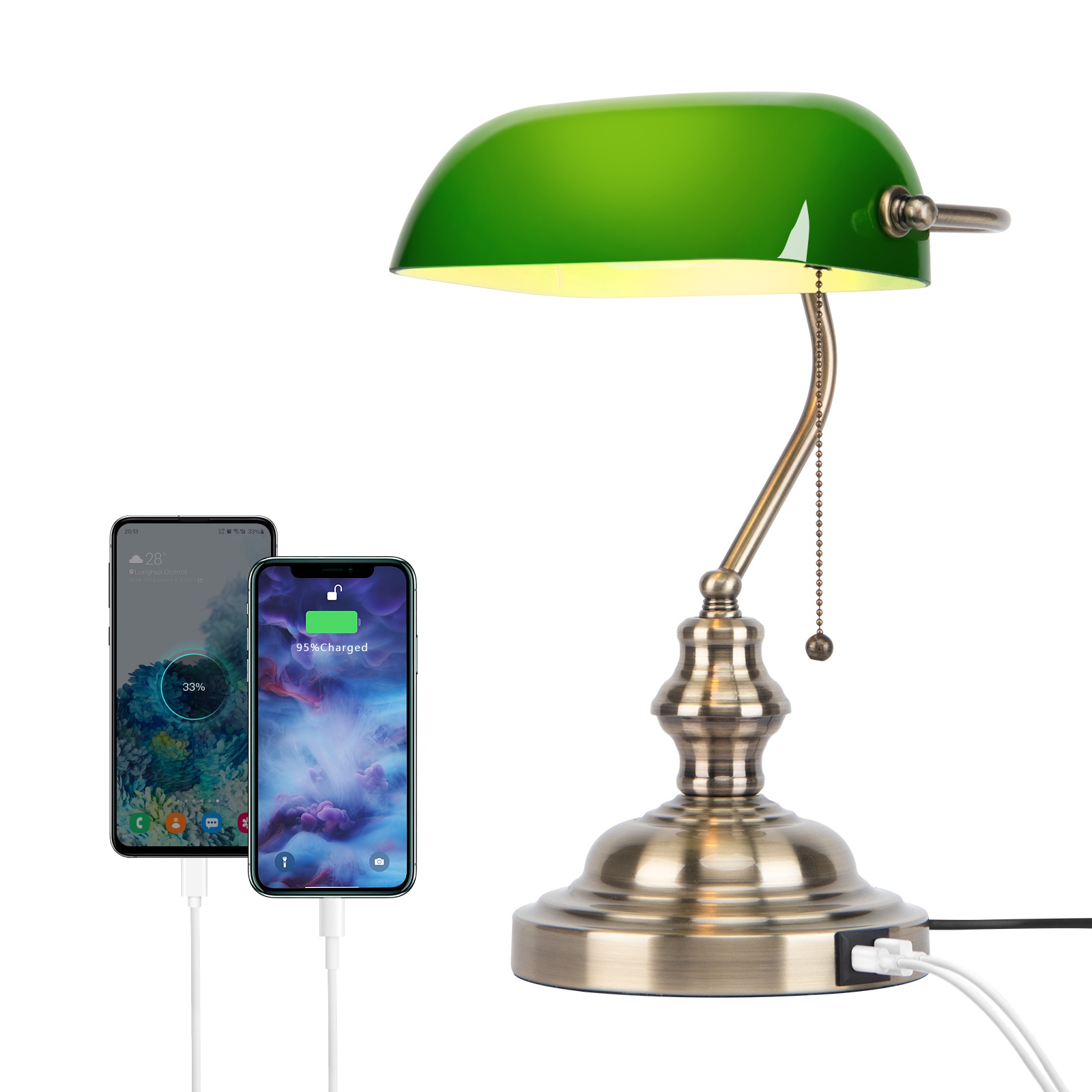 Jcpyiul Grüne Glas Banker Schreibtischlampe Retro Mit Usb A Und Type C Zugkettenschalter