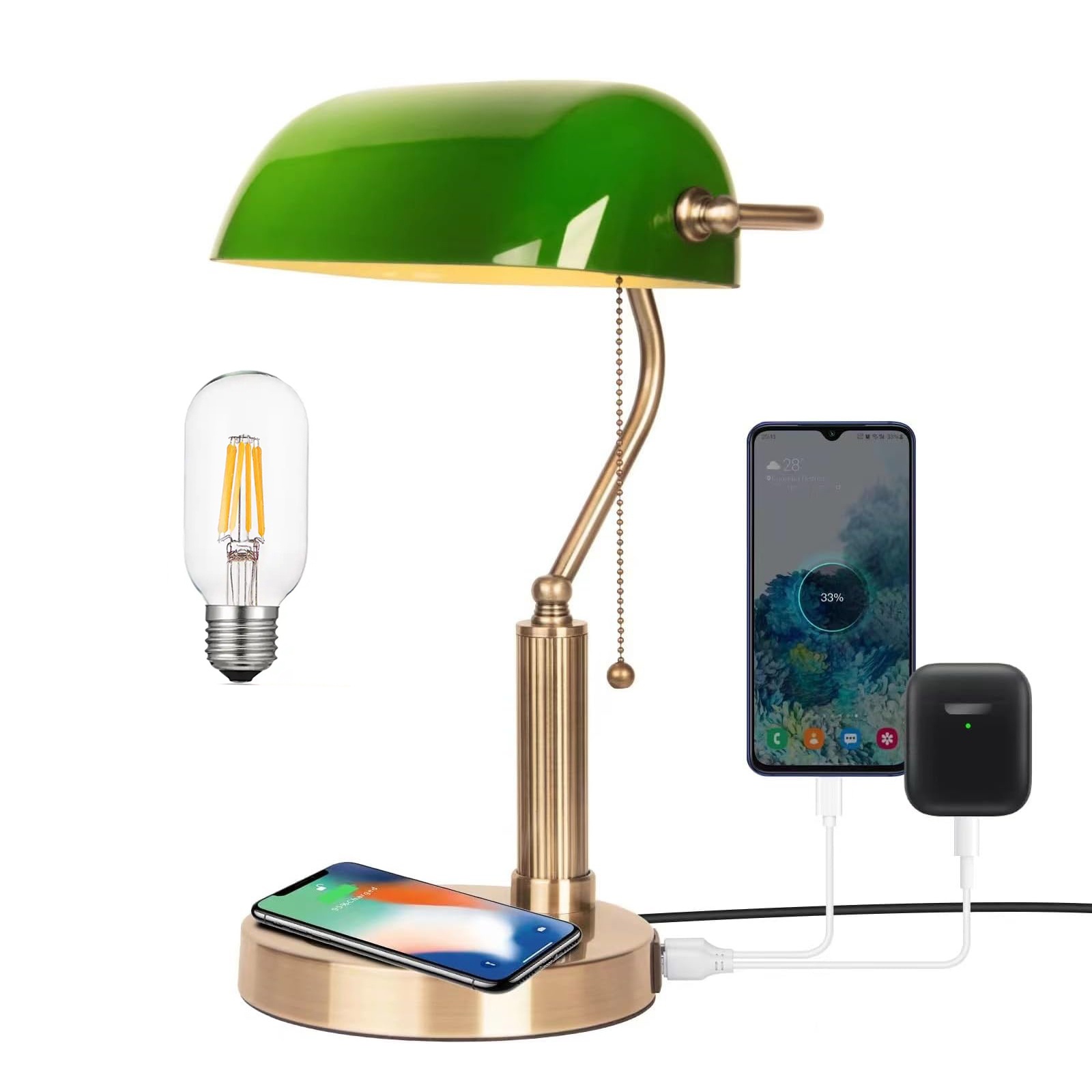 Jcpyiul Grüne Glas Banker Schreibtischlampe Retro Kabellos Aufladbar Mit Usb A Und Type C Zugkettenschalter
