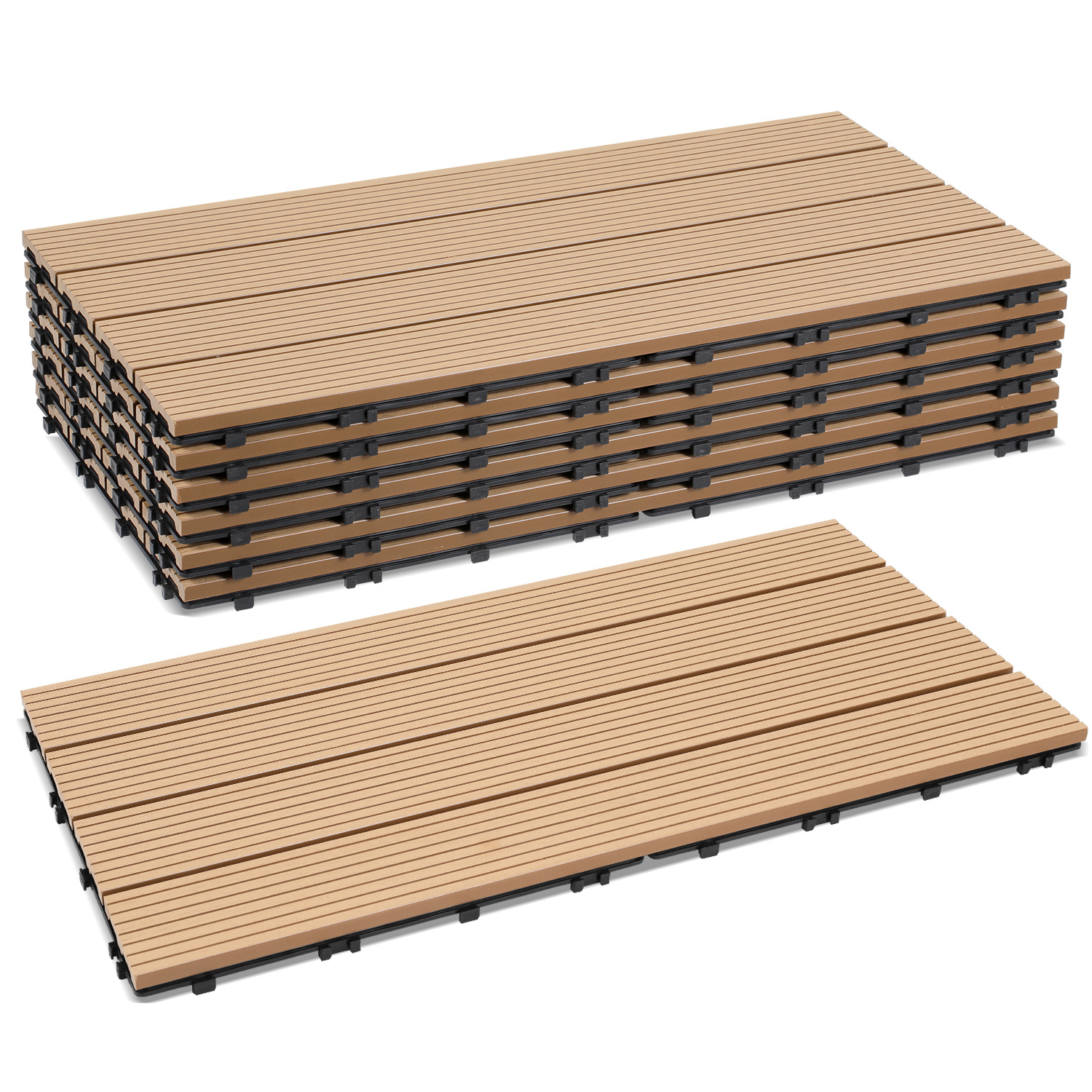 Jiubiaz 6er Set Wpc Terrassenfliesen Für Garten, 4 Lamellen, 30 × 60 Cm, Klicksystem, Holz-kunststoff-verbund In Teakoptik
