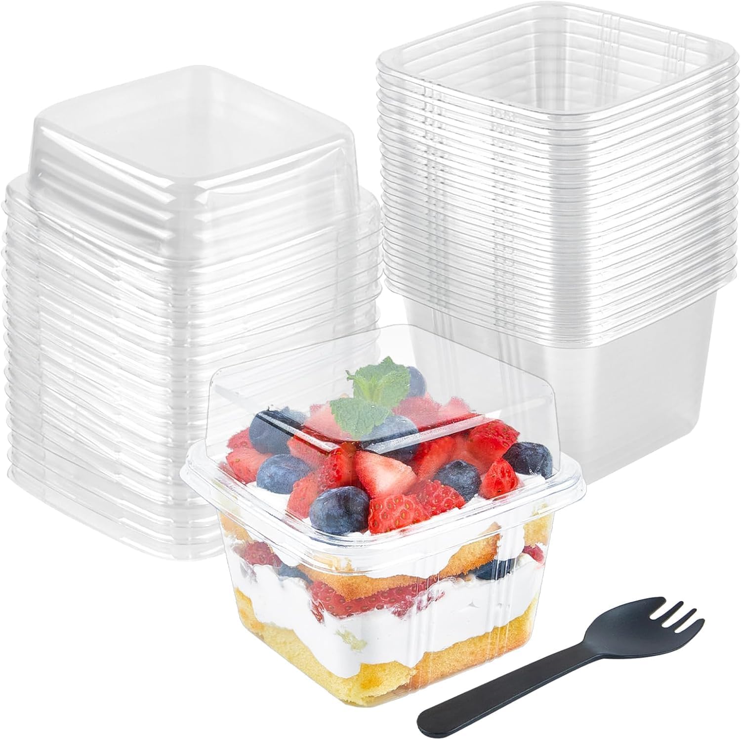 Jssevn-50 Stück Dessertbecher Aus Kunststoff Mit Deckel, Quadratische Dessertbecher, Perfekte Vorspeisenbecher, Wiederverwendbare Servierschalen Mit Gabeln
