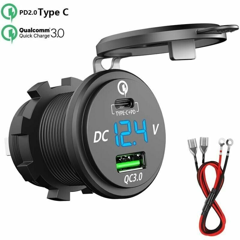 12v/24v Qc 3.0 64w Dual Plug Wasserdichtes Usb-c Auto-schnellladegerät – Led-voltmeter – Kompatibel Mit Usb-c Smartphones Und Tablets
