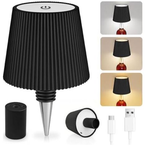 Kabellose Flaschentischlampe – 3 Temperaturstufen – Schutzart Ip54 – 8–12 Stunden Akkulaufzeit – Usb-typ-c-ladeanschluss – Schwarze Dekolampe