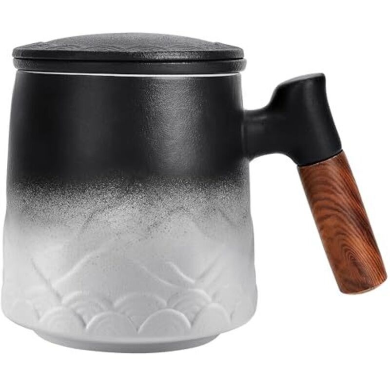 Keramikbecher Mit Filter Und Deckel, Große Teetasse Mit Holzgriff, Geschenk (weiß)