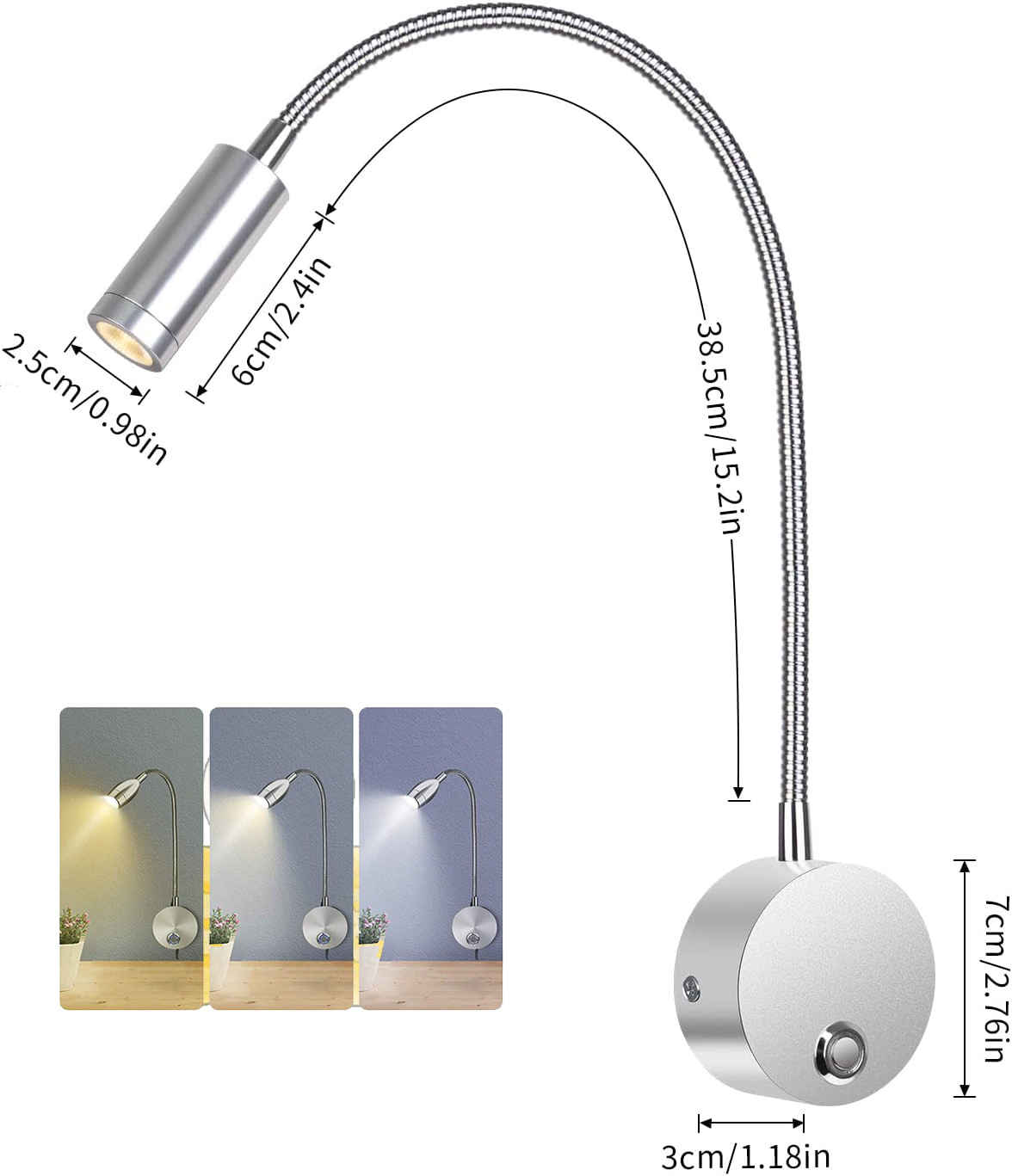 Flexible 3w Wandleselampe Mit Zylindrischem, Verstellbaren Kopf – Minimalistisches Silberfarbenes Design Für Nachttisch, Schlafzimmer, Hotel Oder Moderne Innenräume