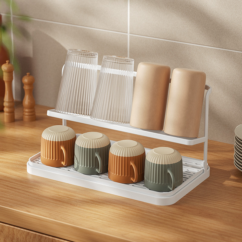 Wandregal Mit Zwei Ebenen Für Japanische Tassen Und Kaffeemaschinen – Schräges Aufbewahrungssystem Mit Drainage – Weißer Minimalistischer Design, Ideal Für Küche Und Bar