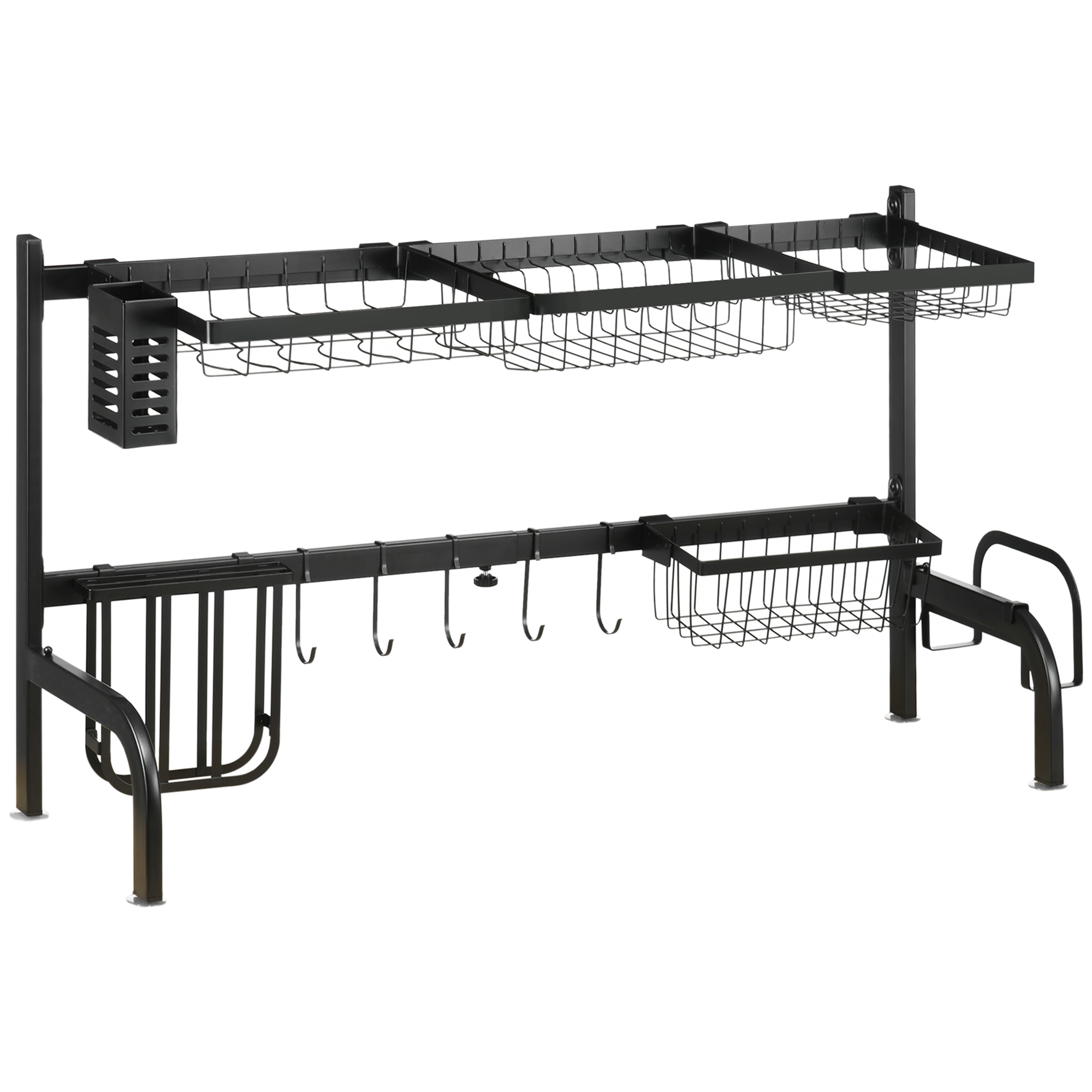 Abtropfgestell 2-stufiges Geschirr-abtropfgitter Mit Haken Und Abtropfschale Aus Stahl, Schwarz 51-93 Cm Für Küche