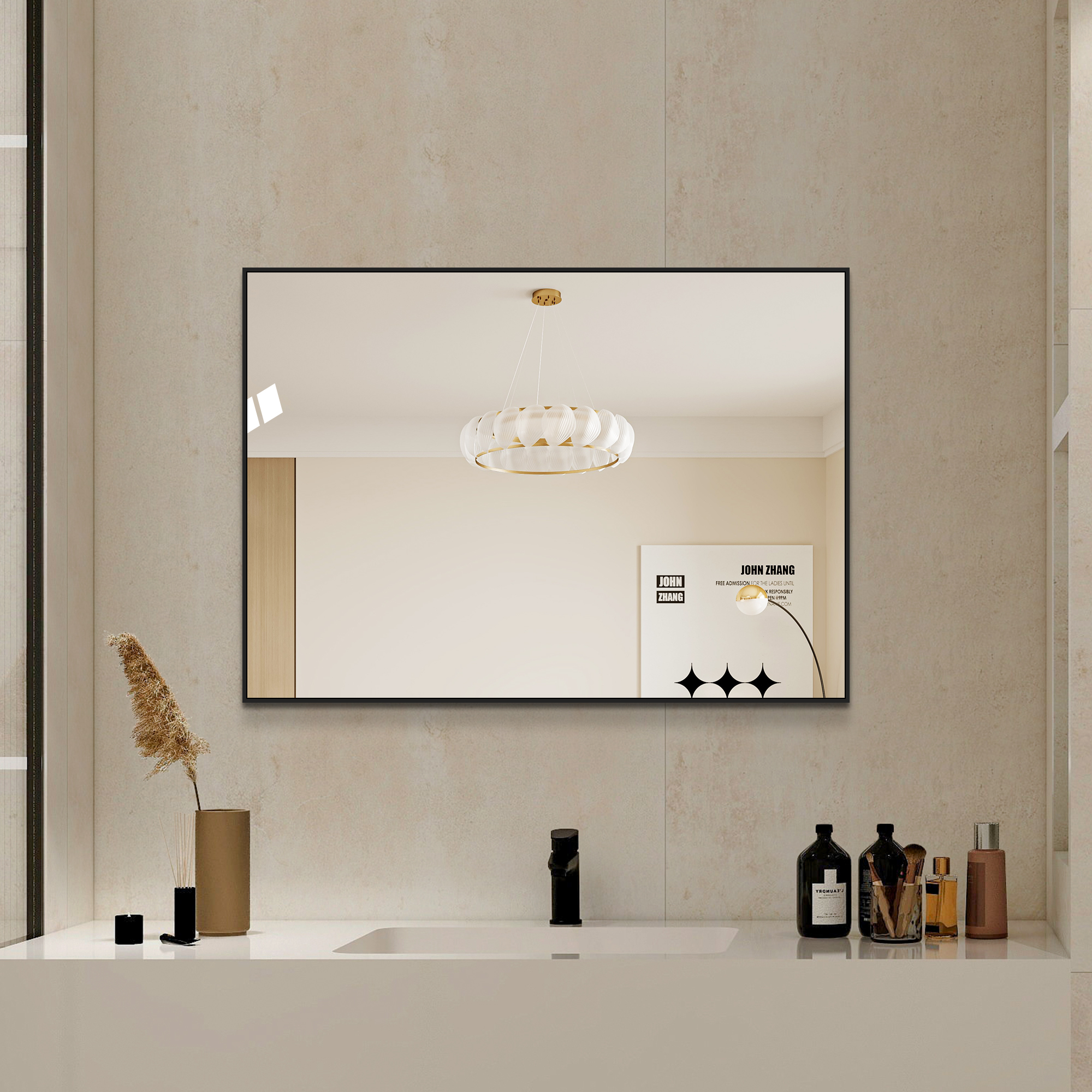 50x70cm Badezimmerspiegel Mit Schwarzem Aluminiumrahmen, Kupferfreier Hd-wandspiegel, Horizontal & Vertikal Montierbar, Für Bad, Flur Und Ankleidezimmer