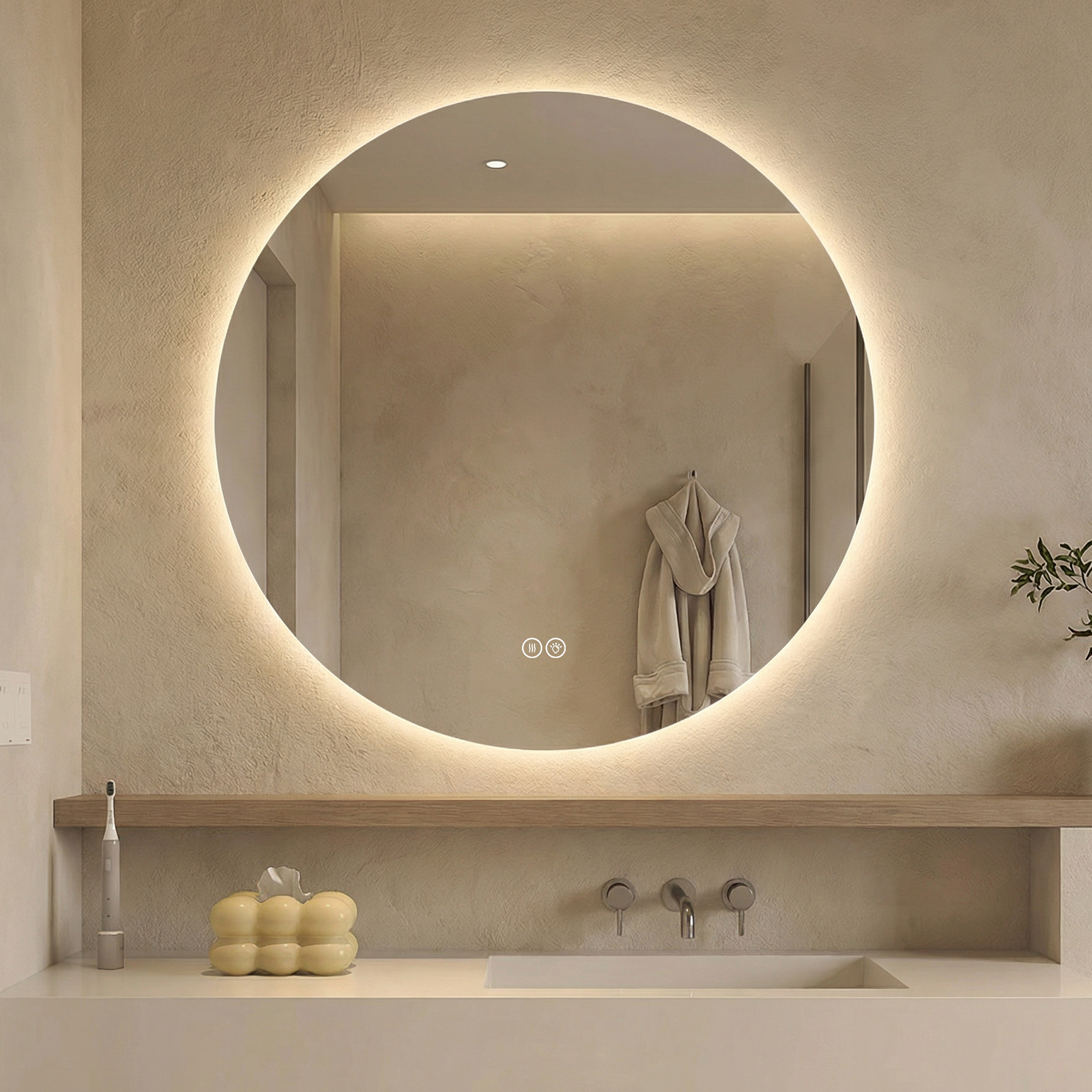 Runder Led Badezimmerspiegel 70 Cm, Hinterleuchtet, Anti-beschlag, 3 Lichtfarben, Stufenlos Dimmbar, Memoryfunktion, Touchschalter, 5 Mm Kupferfreier Hd-silberspiegel