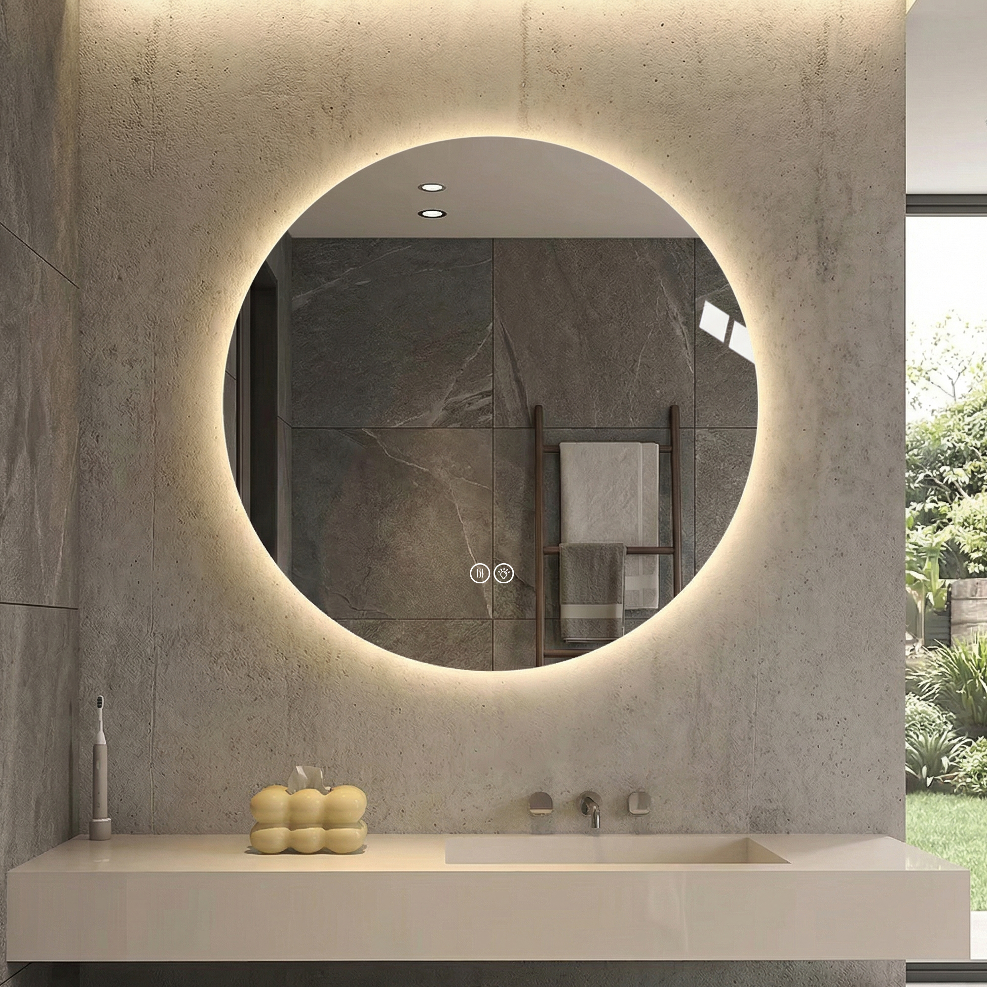 Runder Led Badezimmerspiegel 80 Cm, Hinterleuchtet, Anti-beschlag, 3 Lichtfarben, Stufenlos Dimmbar, Memoryfunktion, Touchschalter, 5 Mm Kupferfreier Hd-silberspiegel