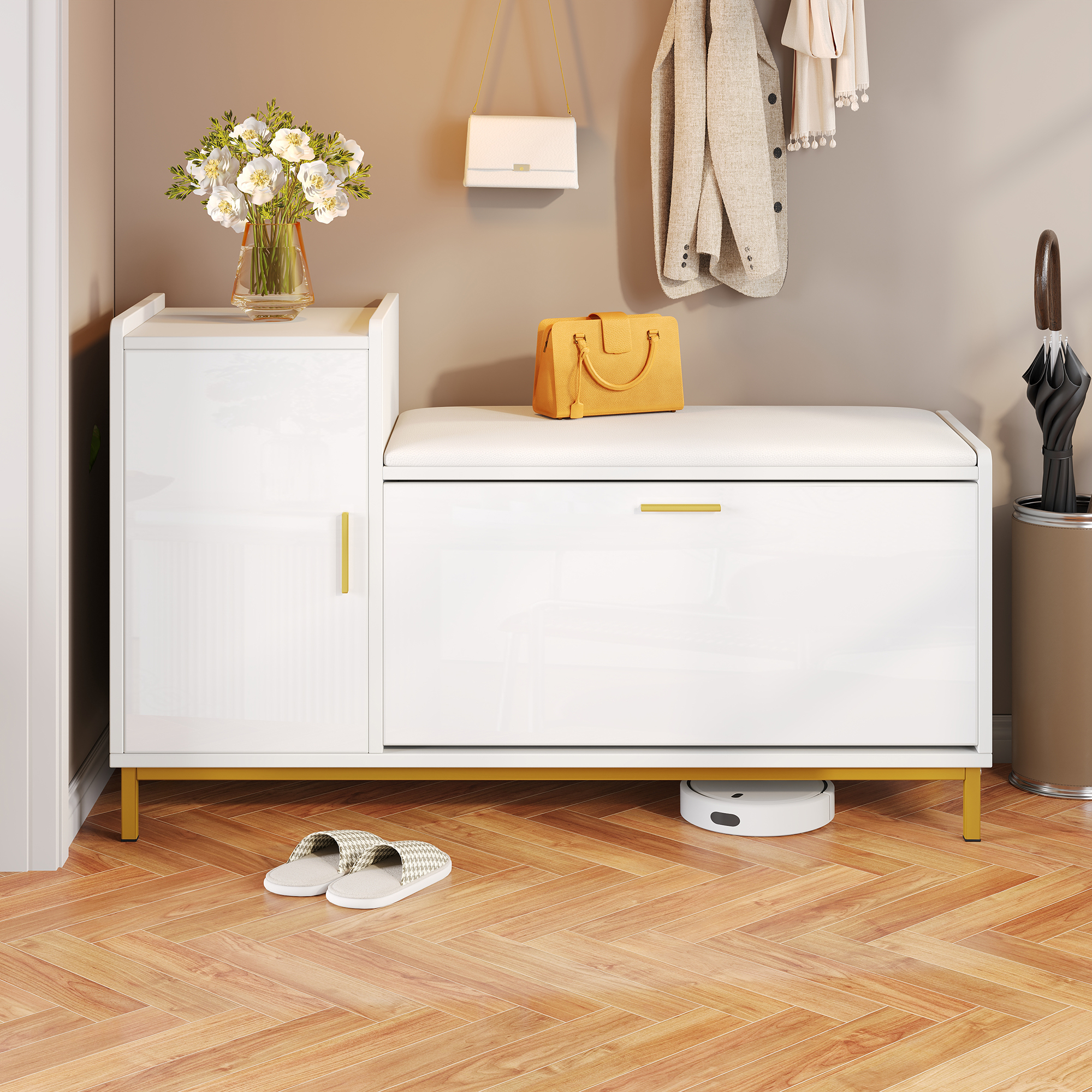 1003868cm Schuhschrank Schuhregal Mit 2 Fächern 1 Schrank, Hochglanz Schuhbänke Sitzbänke Mit Gepolsterter Und Stauraum, Metallfüße,geeignet Für Wohnzimmer, Flur, Büro, Weiß + Gold