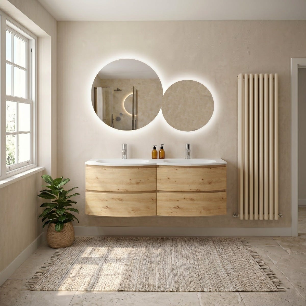 Hängendes Badmöbel 140cm, 4 Schubladen, Gebogene Front, Gold-eiche Los Angeles