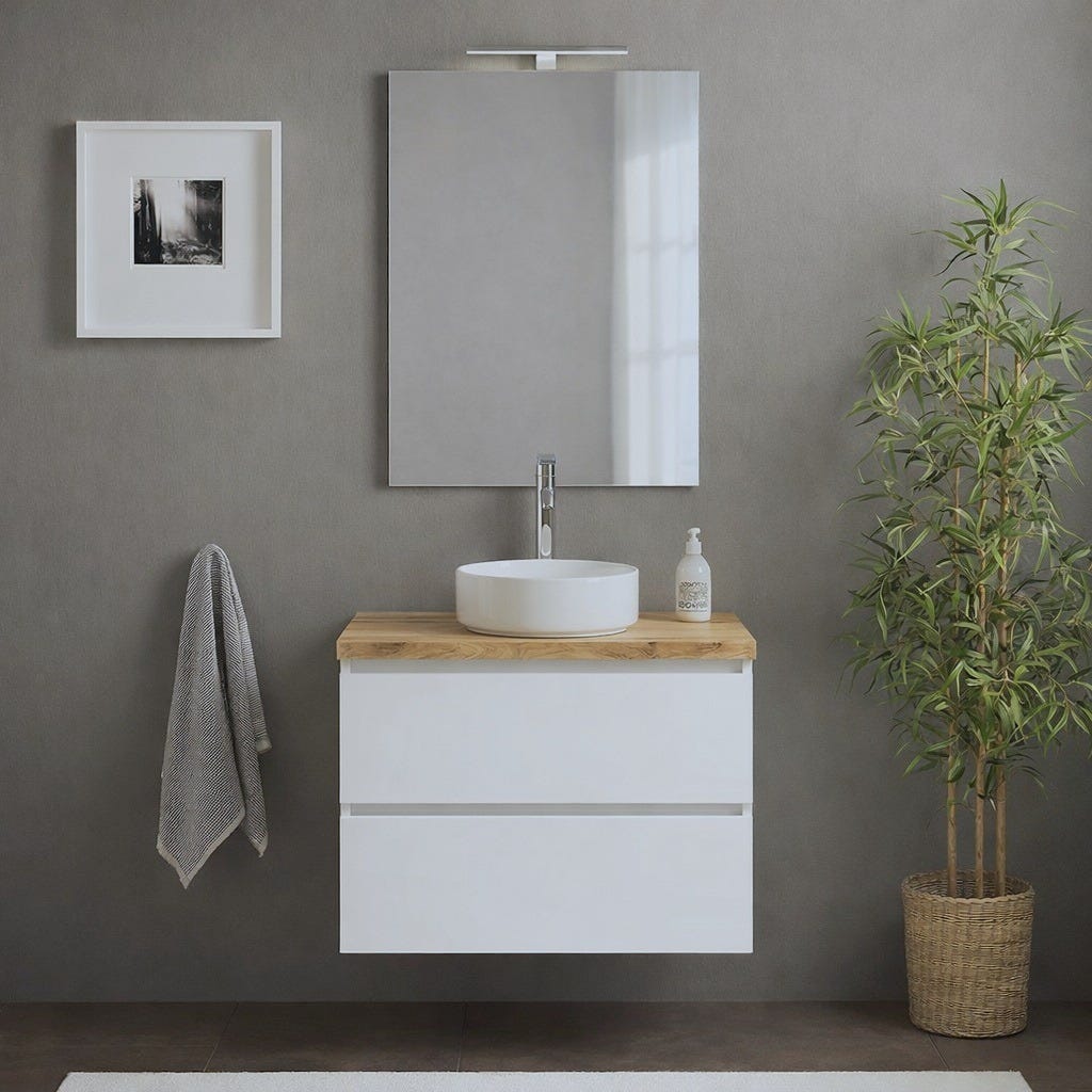 Hängendes Badmöbel 60cm Hochglanz Weiß Mit Natur-eicheplatte, Spiegel 60x80 Benaco