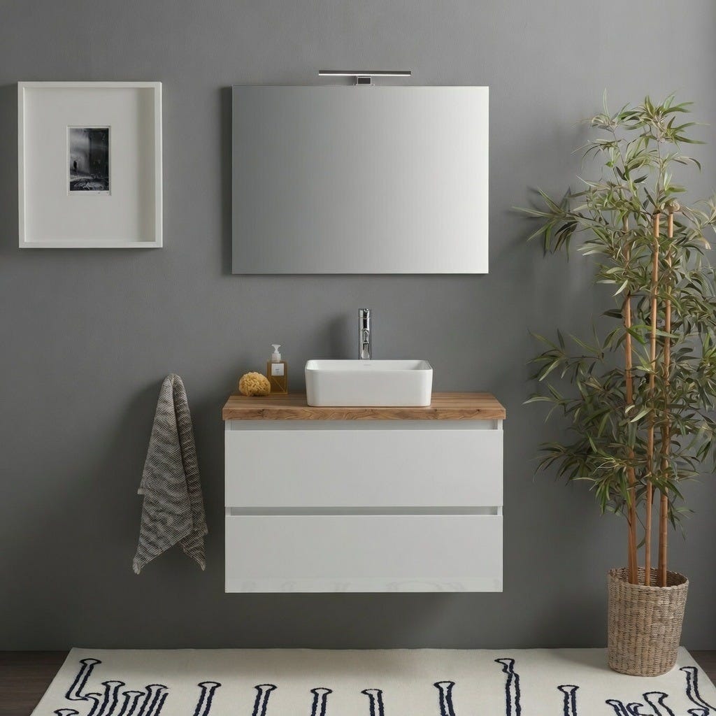 Hängendes Badmöbel 80cm Hochglanz Weiß Mit Natur-eiche Platte, Spiegel Und Lampe Benaco