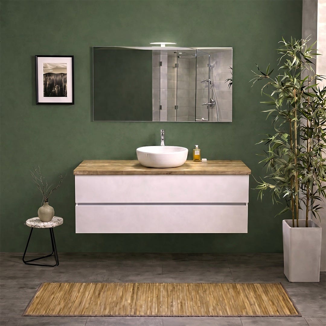 Hängendes Badmöbel 120cm Weiß Export Mit Natur-eicheplatte, Spiegel Und Lampe Berlin