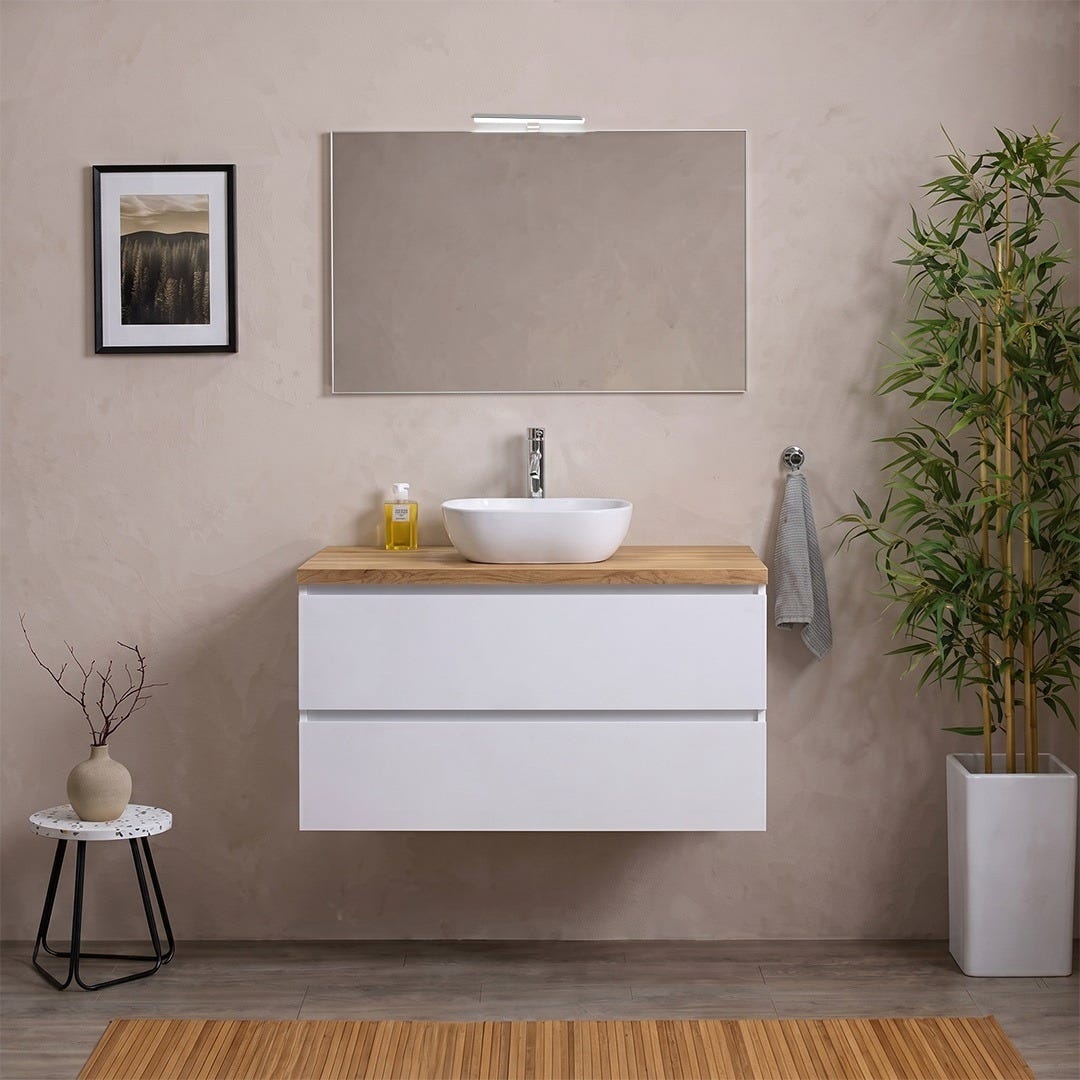 Hängendes Badmöbel 80cm Weiß, Eichenholzplatte, Spiegel Und Lampe Berlin