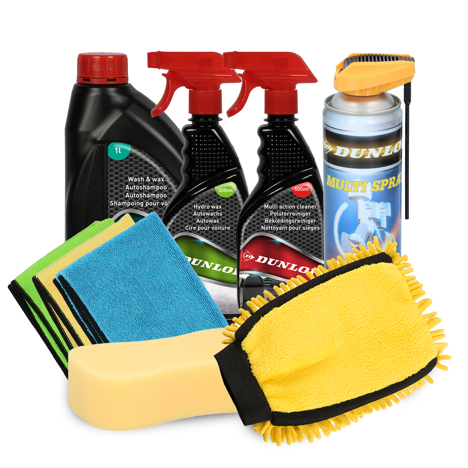 Dunlop Kit Nettoyage Voiture Complet 9pcs - Shampooing Cire 1l + Hydro Wax + Nettoyant Sièges - Lavage Auto Intérieur/extérieur