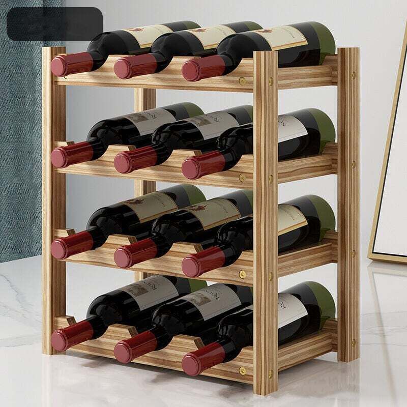 Weinregal, Holzregal, 4 Ebenen, 12 Flaschen, Maße 33,5 X 22,3 X 39,5 Cm, Kiefernholz, Horizontale Lagerung - Kzq