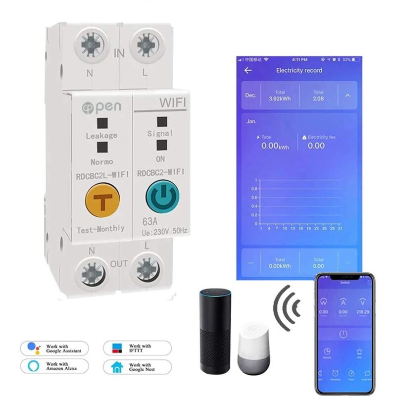 Wlan-energiezähler 2p 63a Din-schienenmontage, Intelligente Messung Des Kwh-verbrauchs, Leistungsschalter-kzq