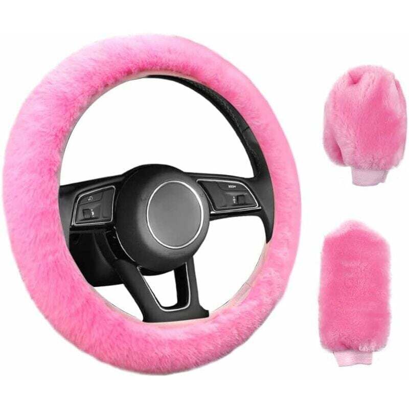 Universeller, Rutschfester Plüsch-lenkradbezug In Rosa Mit Handbrems- Und Schaltknaufabdeckung, 38 Cm - Kzq