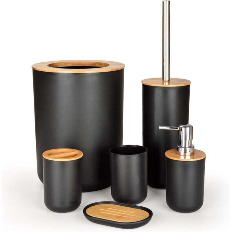 6-teiliges Badezimmer-accessoire-set Aus Bambus, Bestehend Aus Lotionflaschen, Zahnbürstenhalter, Zahnbürstenbecher, Seifenschale, Wc-bürste Und Abfalleimer - Kzq