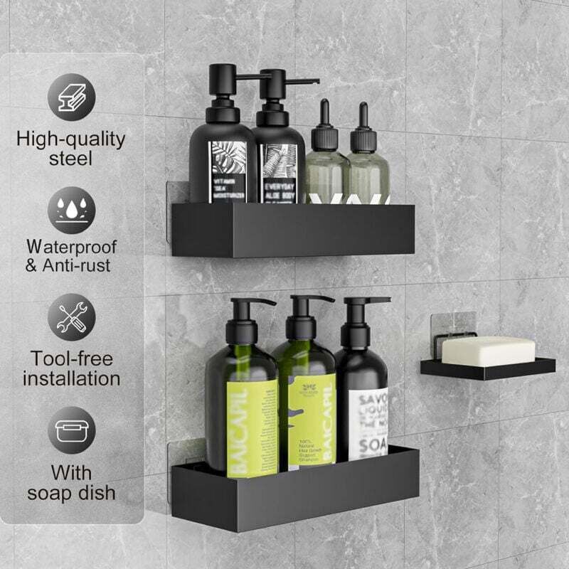 3-teiliges Dusch-set Ohne Bohren Mit Seifenschale Und Shampoo-halter, Schwarze Badezimmeraccessoires - Kzq