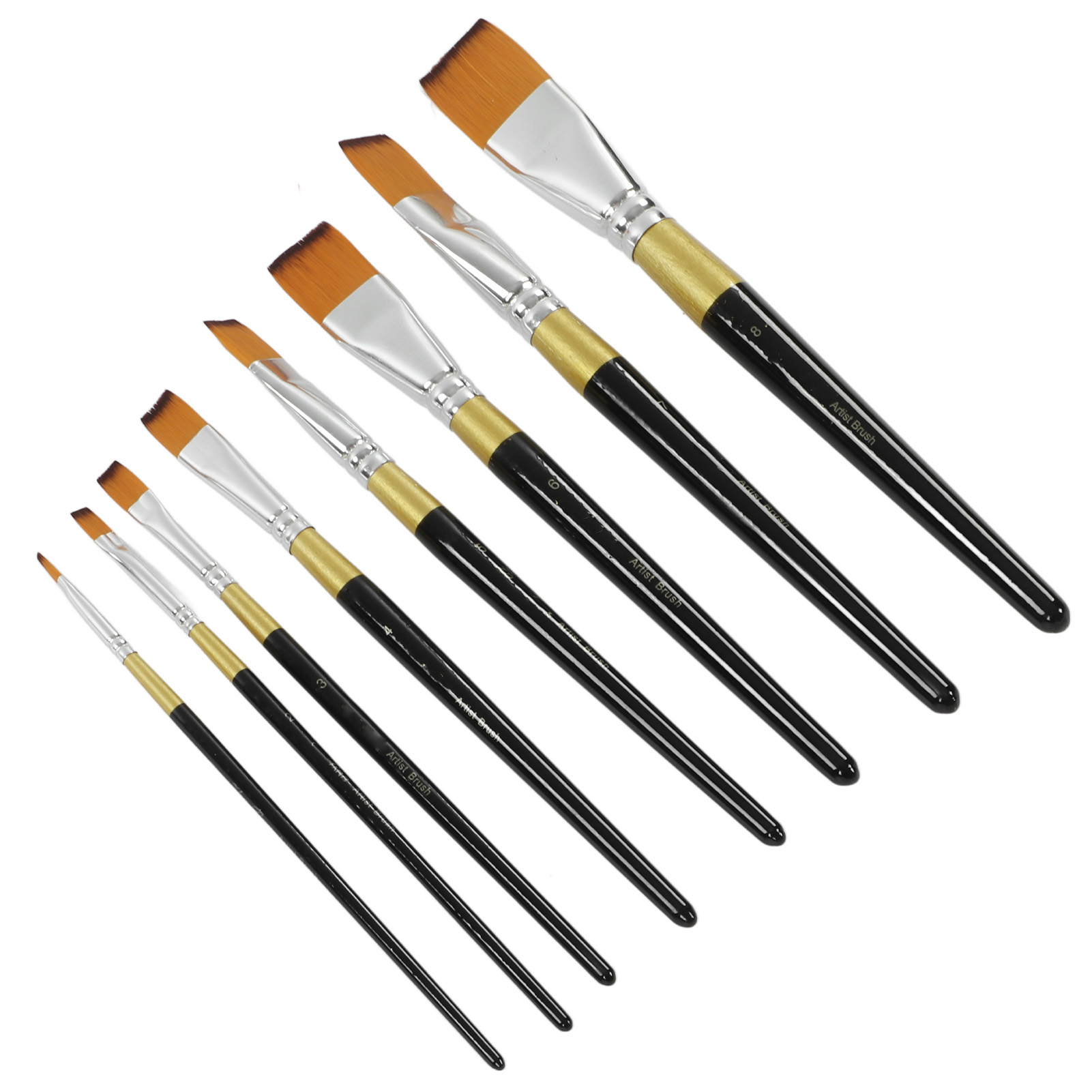Set Mit 8 Pinseln, Ergonomischer Griff, Weiche Borsten, Wasserfest, Schwarz Und Gold, Für Kunstschule Und Zuhause