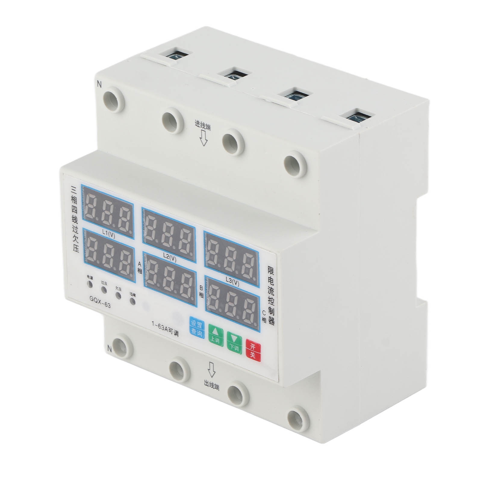 Dreiphasiges Din-schienen-voltmeter/amperemeter, Einstellbar, Mit Überspannungs-, Unterspannungs- Und Überstromschutz, 63 A, 390–500 V Ac