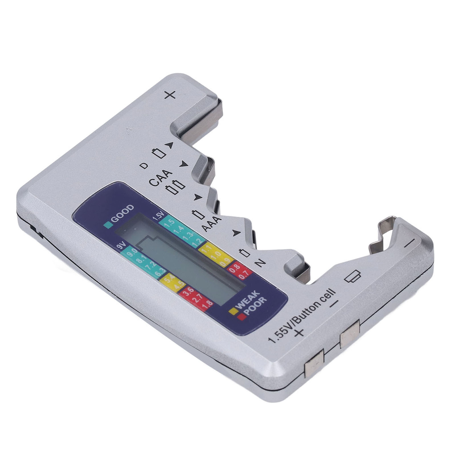 Digitaler Batterietester Mit Abs-lcd-bildschirm, Für 1,5-v- Und 9-v-knopfzellenbatterien, Silberfarbene Ausführung.