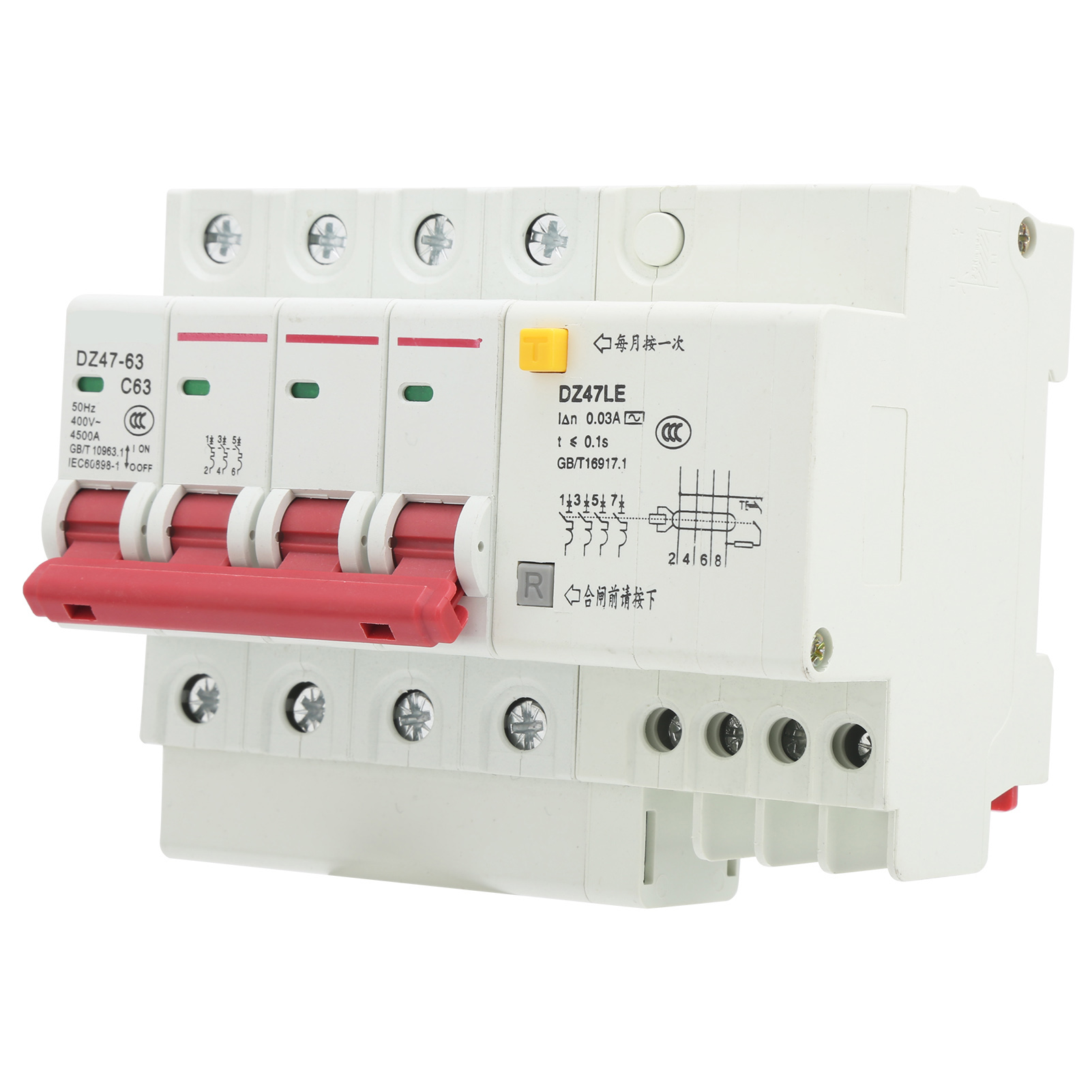 Dz47le-63 4p 6-63a Fehlerstromschutzschalter Mit Ableitstrom- Und Überlastschutz