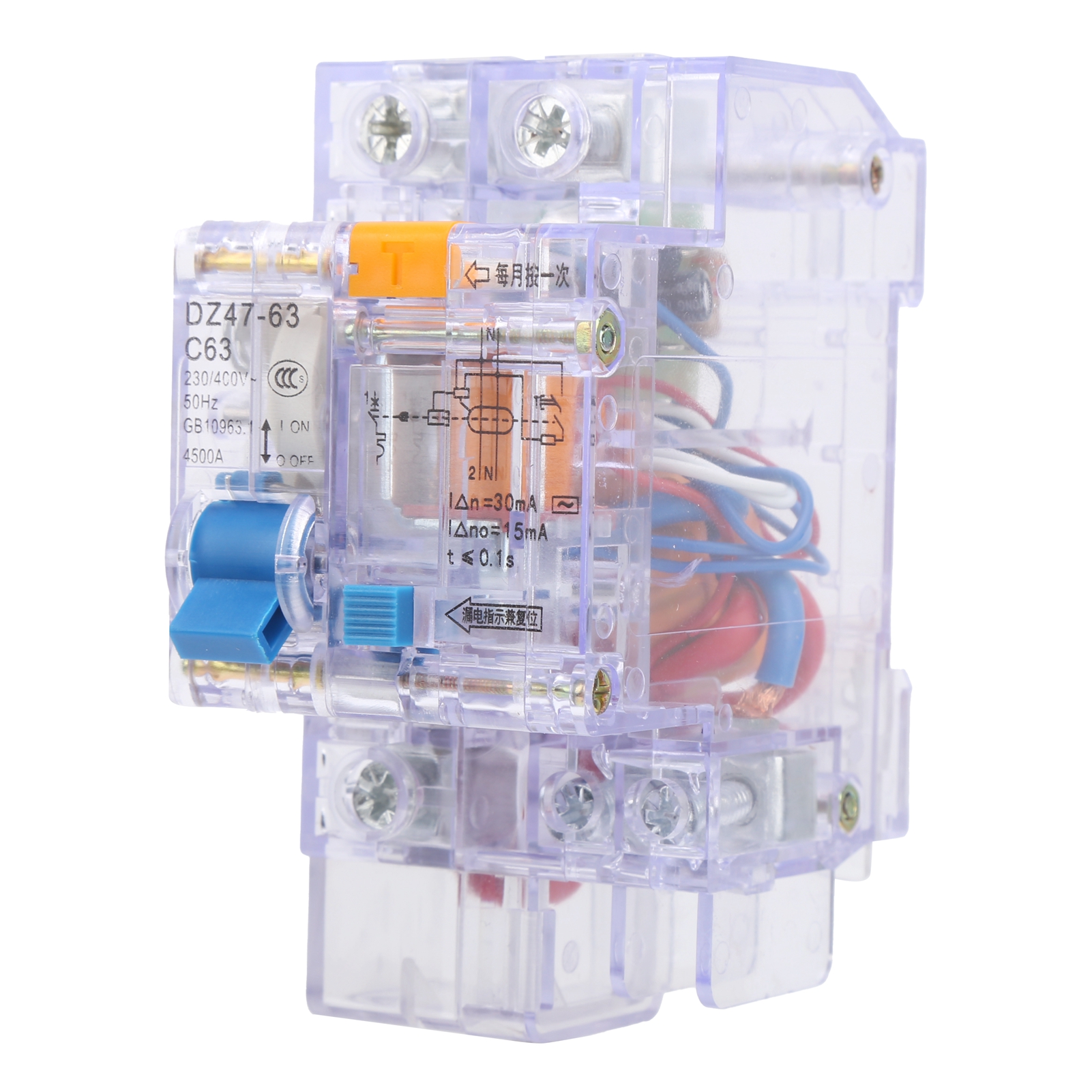 Miniatur-leistungsschalter Mit Transparentem Gehäuse Und Fehlerstromschutzschalter Dz47le-63 C63 1p+n 663a 230v400v
