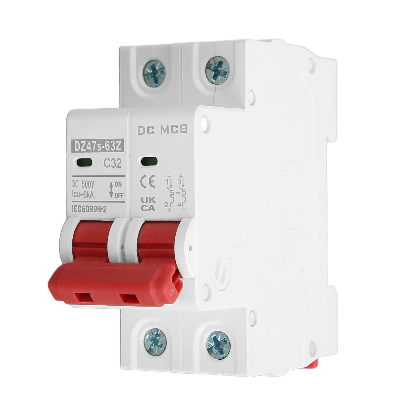 6000 A Zweipoliger Leitungsschutzschalter, Din-schienenmontage, 500 V Dc, 32 A