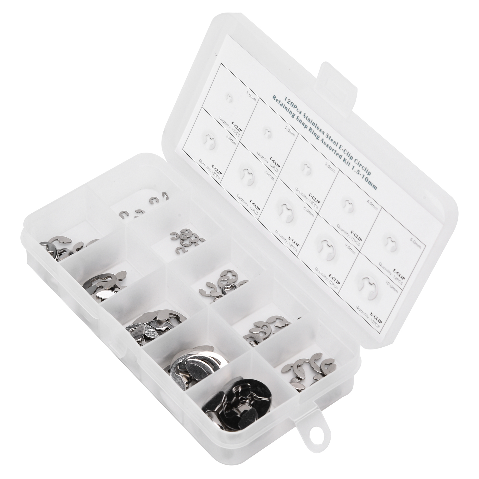 Satz Von 120 Äußeren Edelstahl-sicherungsscheiben Mit Sicherungsringen, Durchmesser 1,5 Mm Bis 10 Mm.
