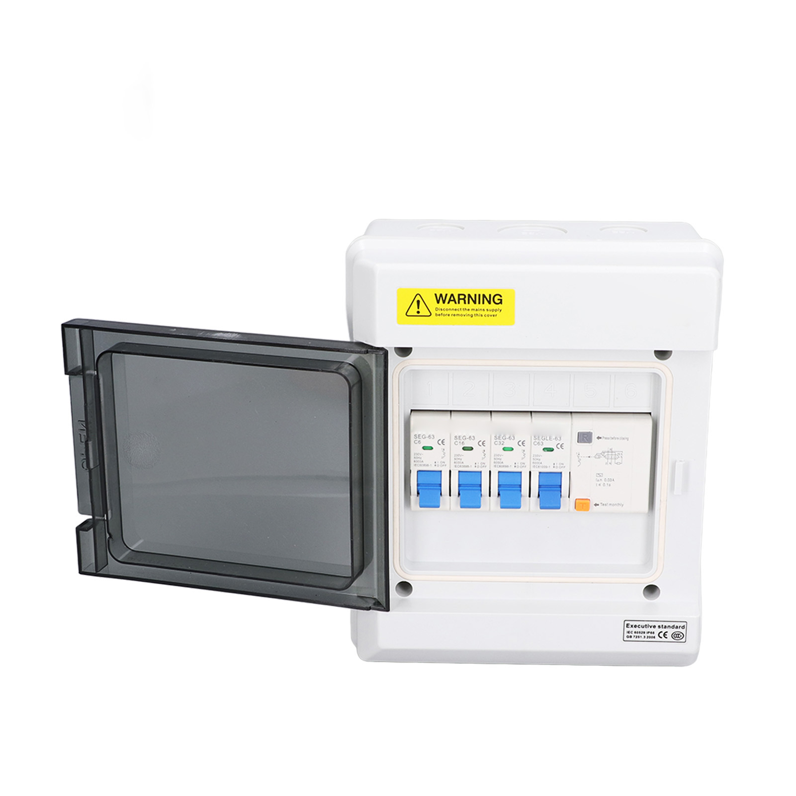 Dreiphasen-elektroverteiler, Au-ausführung, 230 V, 63 A, 30 Ma, Fi-schutzschalter + 3 Leitungsschutzschalter (6 A + 16 A + 32 A)