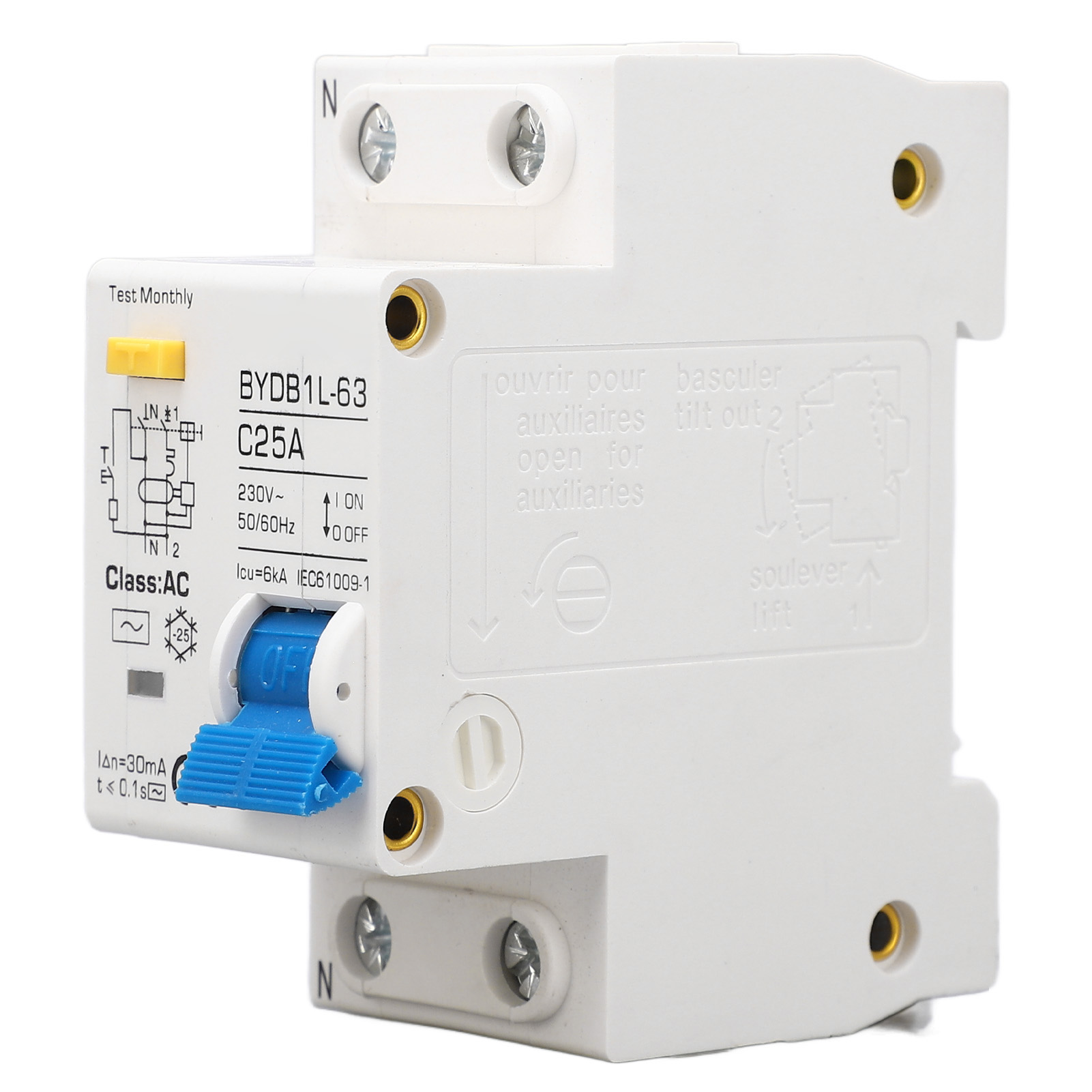 Pa66-leistungsschalter Mit Empfindlicher Ansprechzeit Und Leckstromschutz, 1p+n, 230 V Ac, 25 A