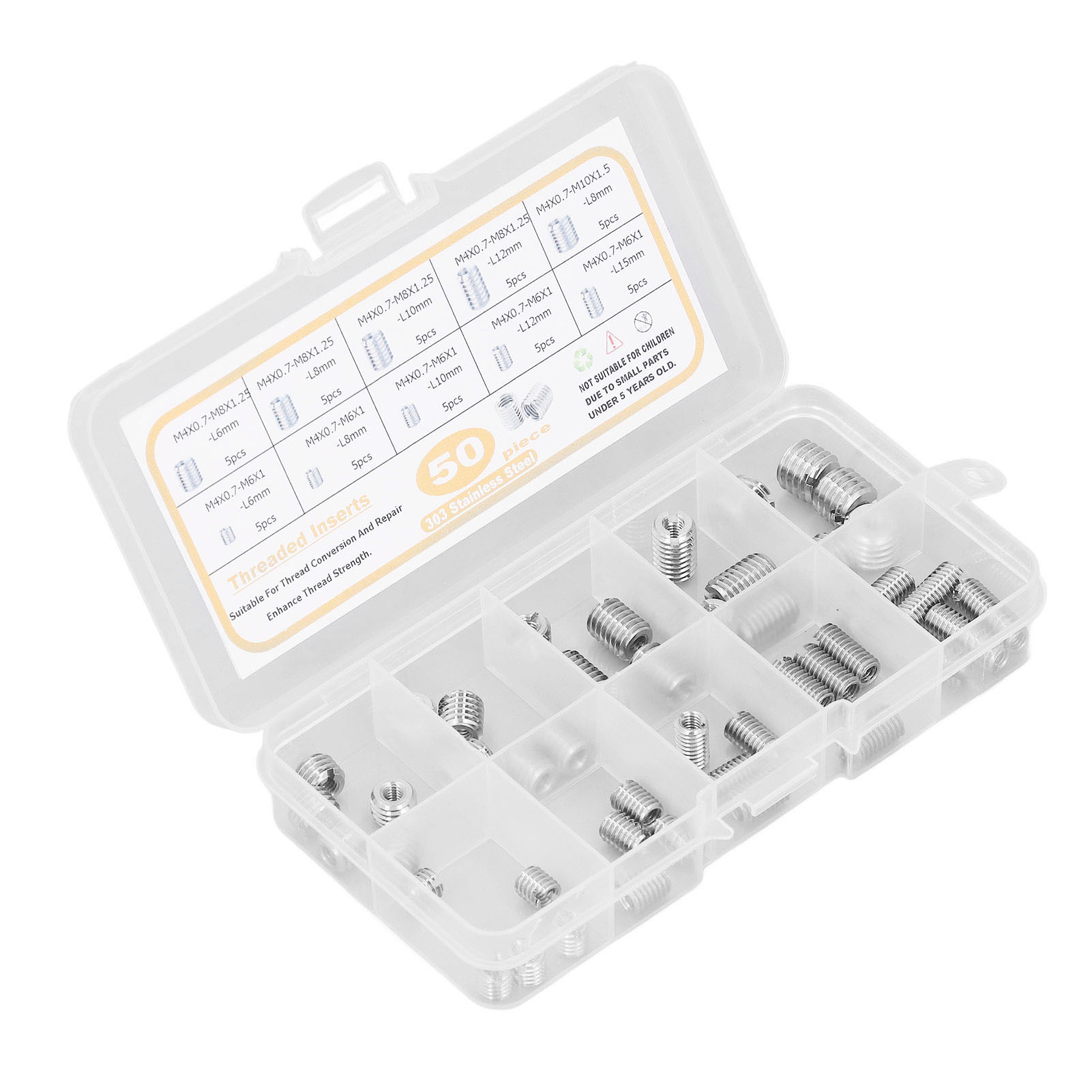 Set Mit 50 Gewindeeinsätzen Aus Edelstahl 303 In Silberner Aufbewahrungsbox