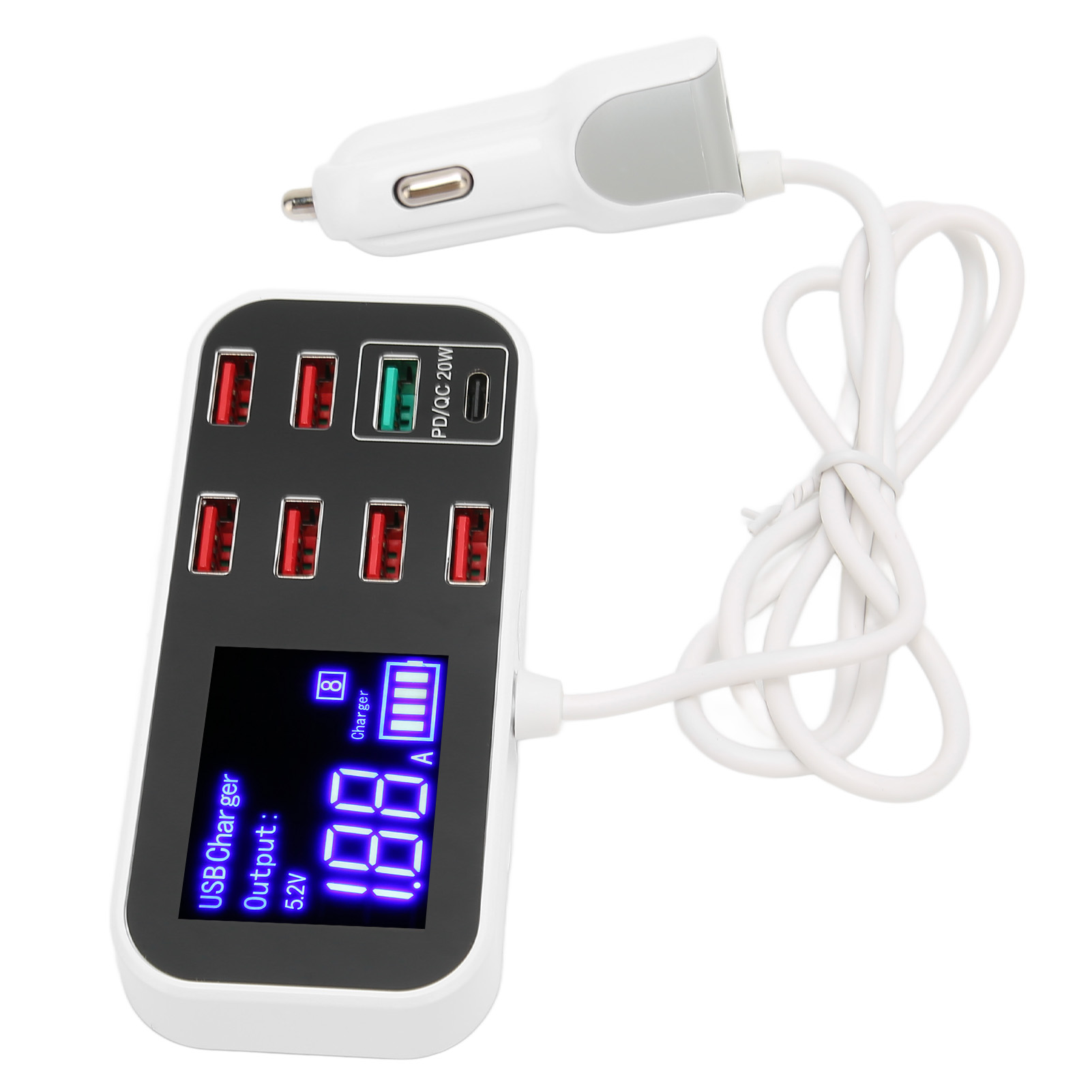 Kfz-ladestation Mit 8 Usb-anschlüssen, Pd-schnellladefunktion, Qc 3.0-schnellladefunktion Und Usb-c-anschluss, Smartphone-hub Mit Lcd-bildschirm