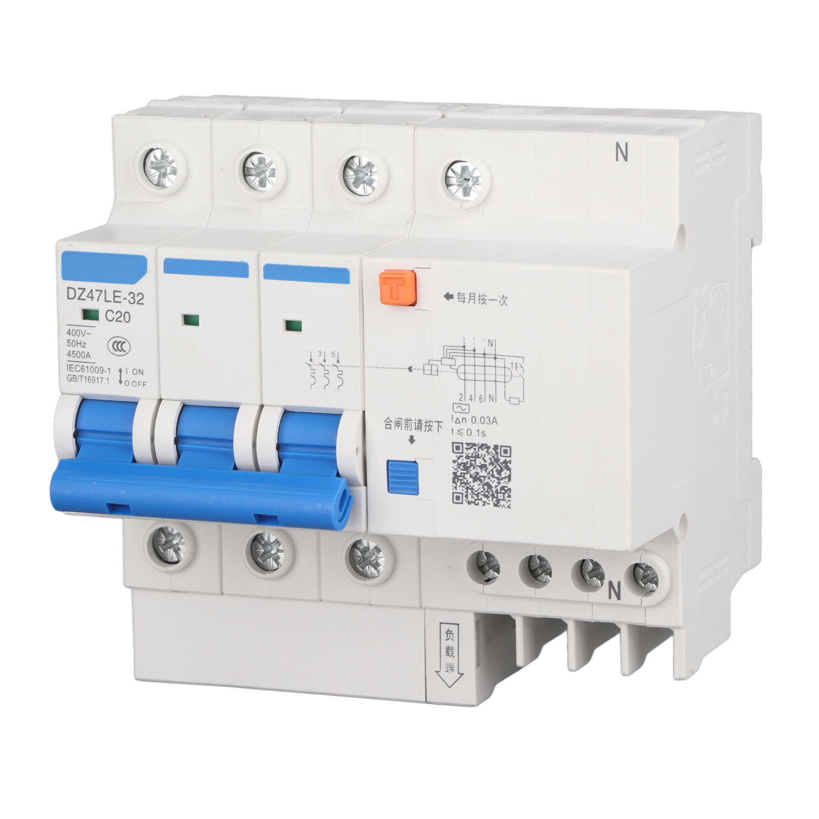 Fehlerstromschutzschalter Dz47le 32 3p+n C20, Fehlerstromschutz, 400 V, 20 A